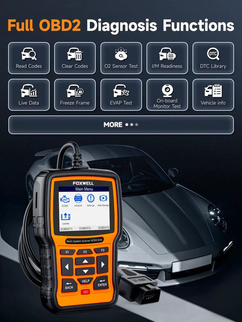 NT510 Elite OBD2 Scanner For Porsche displayed with car and diagnostic functions interface.
