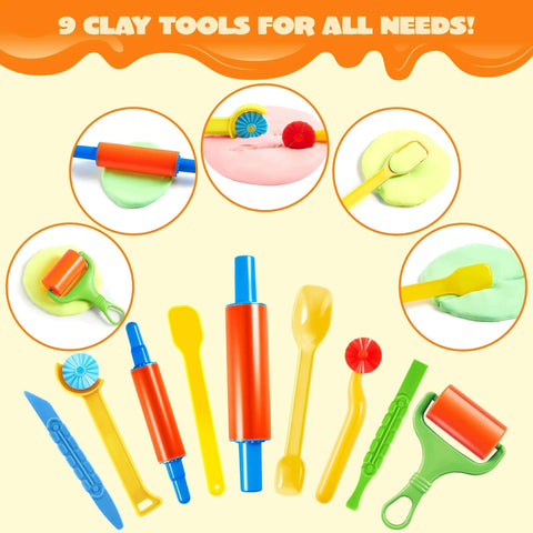 Clay tools set for kids with colorful plastic rolling pins, cutters, and sculpting tools