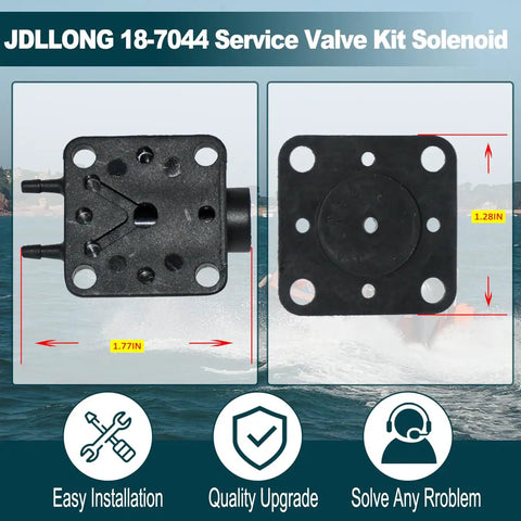 Primer Solenoid Service Valve Kit 18-7044 Replacement for Johnson Evinrude, showing front and back dimensions