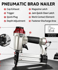Detailed view of the Built Different 2 In 1 Pneumatic Brad Nailer And Narrow Crown Staple Gun Kit, highlighting components and size specifications.