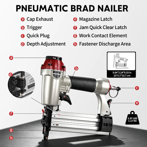 Detailed view of the Built Different 2 In 1 Pneumatic Brad Nailer And Narrow Crown Staple Gun Kit, highlighting components and size specifications.