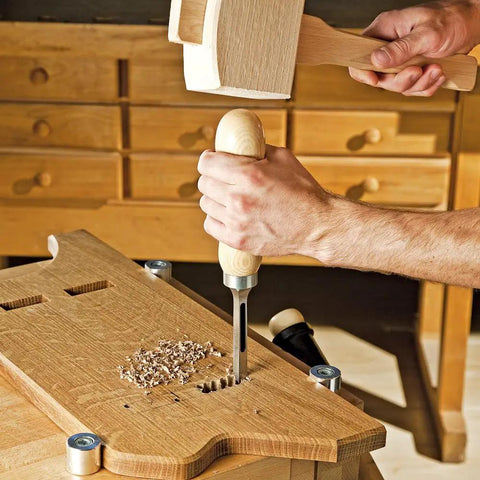 Solid Ash Mortise Chisel Handle With Pro Grade Easy Grip For Woodworking, 6.5 Inch Length, Fits 5/8 Inch Chisels in use on a workbench.