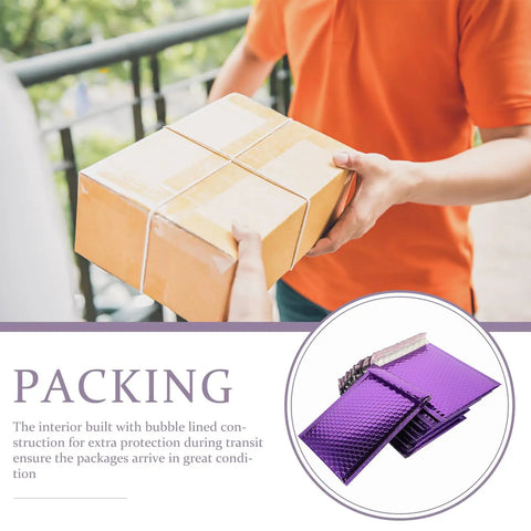 Close-up of a hand holding a package with purple mailers, showcasing 'Purple Bubble Mailers 18x23cm Self Seal Padded Envelopes'