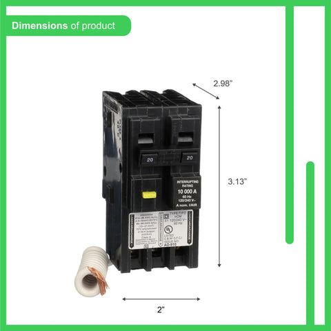 Homeline 20 Amp GFCI 2 Pole Breaker with dimensions for 120 and 240V plug in mount DIY friendly install residential circuit protection