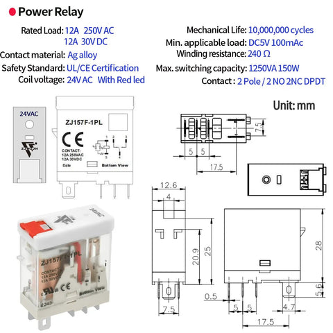 Compact 24V AC Power Relay, 12 Amp SPDT With Test Button, LED Indicator, Socket Base for DIN Rail, UL Listed, technical specs