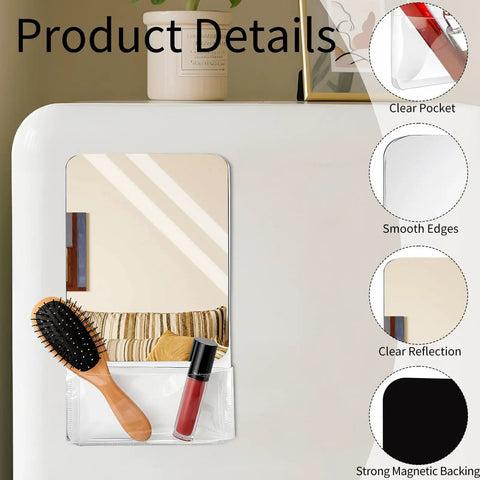 Two Pack Magnetic Locker Mirrors With Storage Pocket, Real Glass 9 Inch on a fridge with brush and lipstick
