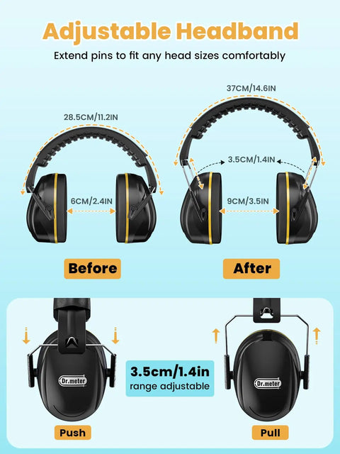 Ultra Comfy Noise Cancelling Ear Muffs For Adults And Kids 31dB Hearing Protection adjustable headband illustration.
