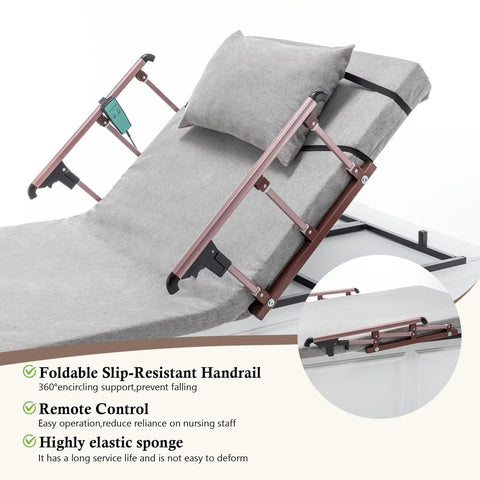 Electric Adjustable Bed Backrest Lift Assist With Smooth Recline Control 4 To 68 Degrees Remote Controller for upper body support with slip-resistant handrail.