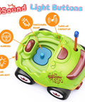 Green dinosaur remote control car for toddlers with sound features, part of Two Pack Dinosaur Remote Control Cars For Toddlers Ages 2 To 5.