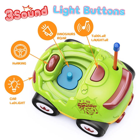 Green dinosaur remote control car for toddlers with sound features, part of Two Pack Dinosaur Remote Control Cars For Toddlers Ages 2 To 5.