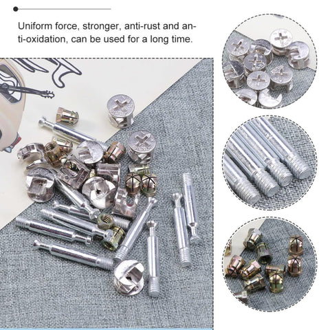 Heavy Duty Furniture Connector Kit With Cam Bolts, Nuts, And Dowels, 24 Piece Silver Iron And Aluminum Alloy Fasteners Detail