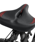 Ultra Wide Memory Foam Bike Seat Cushion For Spin And Exercise Bikes Extra Large 12.6 by 11.4 by 4.7 Inches Thick Cushioned Saddle With Soft Durable Cover Non Slip Red Great For Long Rides, black with red accents