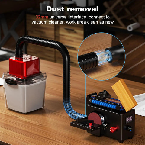 Heavy Hitter 200W Mini Belt and Disc Sander with dust removal system for clean wood, metal, and plastic finishing.