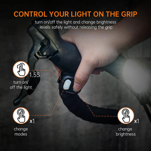 Person adjusting grip controls on handlebar showing PR2400 2400 Lumen Mountain Bike Light With OLED Runtime Display USB Output