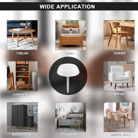 60 Pack White Nylon Furniture Sliders Round 16mm Glide Pads shown under various furniture types for protection.
