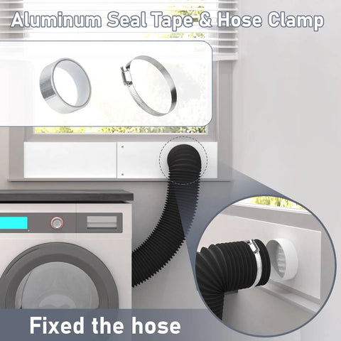4 Inch Dryer Vent Window Kit With Louvered Cover And Adjustable Window Panels showing aluminum seal tape and hose clamp.
