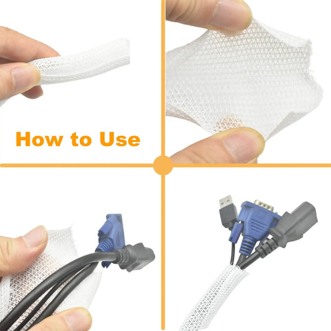 Instruction on using 12ft Self Wrapping Cable Management Sleeve For Desk Wall And Floor Braided Mesh Split Loom Tubing Hider Pet Proof Wire Protector Kit White Tidy Messy Cables Ideal For Home Theater Gaming Setup And Office