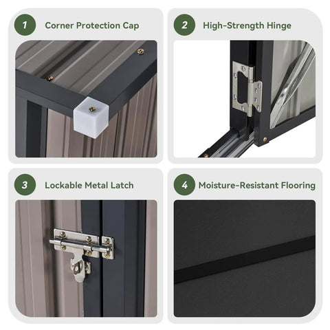 Close-up of features of the Vertical Outdoor Storage Cabinet Shed With Floor, Space Saving Design, Two Adjustable Shelves, Lockable Doors.