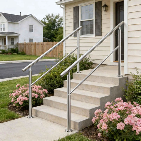 Heavy Duty 4 Step Outdoor Handrail With Balusters Bulletproof 304 Stainless Steel Stair Railing For Exterior Steps And Porch Safety Slick Silver Finish Straight Up Easy Install Pure Quality on concrete steps.