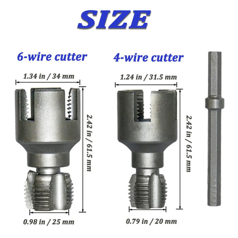 Heavy Duty 4 In 1 Water Pipe Wrench With Integrated Threader For PVC, showing sizes of 6-wire and 4-wire cutters.
