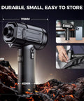 Dimensions of Electric Air Duster With Led Light Cordless Rechargeable 130000 RPM Blower; shown compared with smartphone.