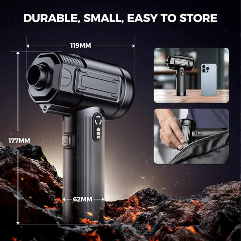 Dimensions of Electric Air Duster With Led Light Cordless Rechargeable 130000 RPM Blower; shown compared with smartphone.
