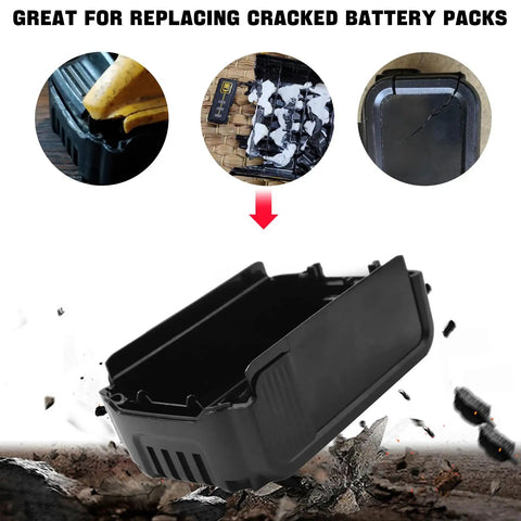 Heavy Duty 15 Cell 18650 Battery Cover Compatible With DeWalt 18V 20V Power Tools shown replacing cracked battery packs.