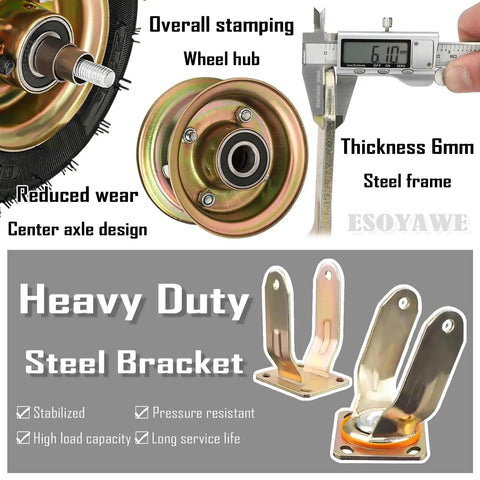 Hella Smooth Heavy Duty Pneumatic Rubber Casters With Dual Brake, Rock Solid Industrial wheels and steel brackets design details.