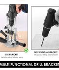 Pro Grade Drill Guide Attachment For Portable Vertical Drill Press Stand With Aluminum Alloy Construction For Precision Drilling And Straight Holes in use with and without a bracket.