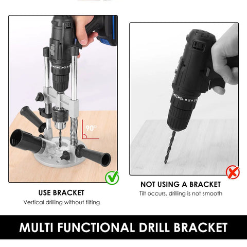 Pro Grade Drill Guide Attachment For Portable Vertical Drill Press Stand With Aluminum Alloy Construction For Precision Drilling And Straight Holes in use with and without a bracket.