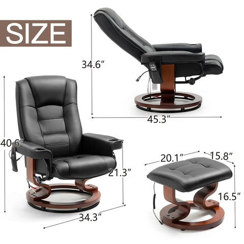 Reclining Massage Chair With Faux Leather Finish Cozy Ottoman 360 Degree Swivel Wood Base Black Living Room Recliner size chart.