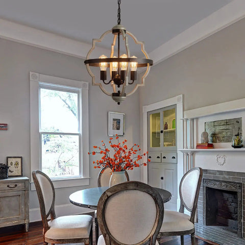 Rustic Farmhouse 4-Light Orb Pendant Chandelier in Oak Finish, Vintage Industrial Style over dining table in living room.