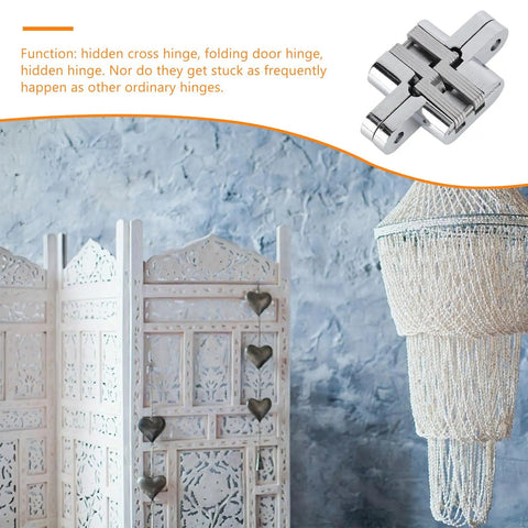 Heavy Duty Folding Door Hinge 13x60mm Invisible Wood Hinge for folding shutters, shown with metal finish and decorative screen