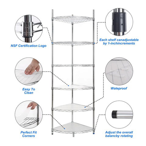 Built Like A Tank 6 Tier Metal Corner Wire Shelf With Waterproof Liners And Adjustable Leveling Feet Detachable Garage Storage Rack And Heavy Duty Basement Organizer For Any Home Setup 420 Lb Capacity with NSF logo.