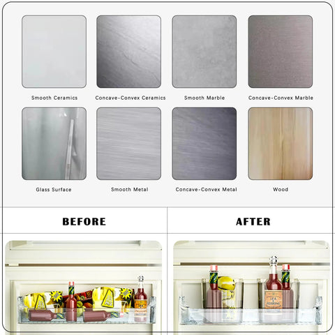 Before and after images of organized fridge with Four Pack Clear Wall Mount Organizers With Super Strong Adhesive Perfect For Kitchen Cabinets And Pantries Food Grade Storage Bins Stackable Desktop Baskets Zero Fuss Setup Keeps Your Space Looking Absolutely Fresh.