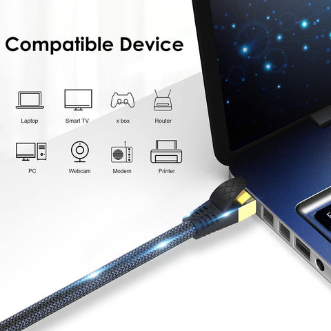 Cat 8 Ethernet Cable 6 Ft High Speed Gaming And Gigabit Ethernet Beefy Heavy Duty 26AWG 40Gbps 2000MHz Shielded FTP connected to a laptop