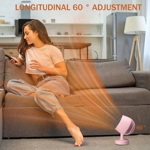 Woman relaxing with Compact Desk Heater That Cranks 1200W With PTC Ceramic Heating, 160 Degree Auto Oscillation, in pink, on couch