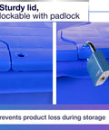 Rock Solid Heavy Duty 18 Gallon Plastic Tote With Handy Hinged Flip Lids Stackable Warehouse Storage Bins Pack Of Three sturdy lid with padlock for secure storage.