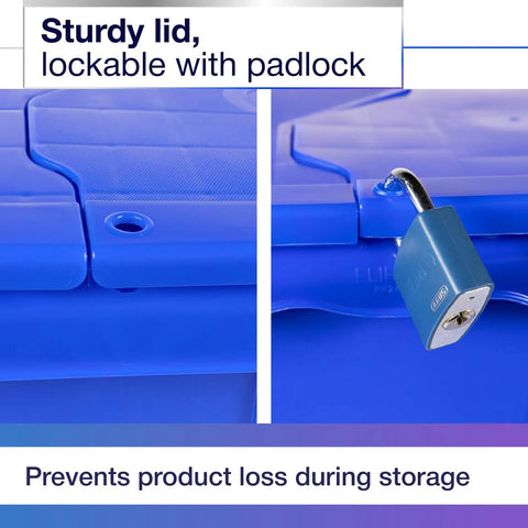 Rock Solid Heavy Duty 18 Gallon Plastic Tote With Handy Hinged Flip Lids Stackable Warehouse Storage Bins Pack Of Three sturdy lid with padlock for secure storage.