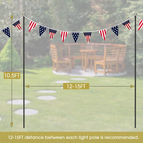2 Pack 10Ft Spiral Screw In Outdoor String Light Poles For Patio And Garden No Fuss Install Durable Poles That Resist Shaking And Dumping Ideal For Backyard Parties And Bistro Lighting, diagram showing height and distance between poles with flags.