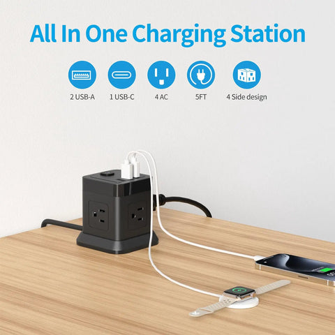 Flat Plug Power Strip With USB Ports, 4 AC Outlets And 3 USB Chargers, 5 Ft Extension Cord on desk, charging devices