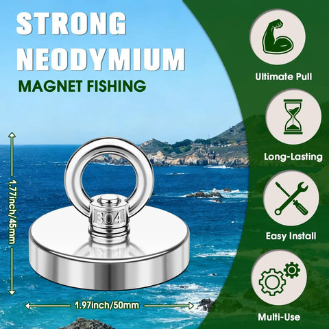 Neodymium Fishing Magnet 350 Lb Pull With Countersunk Hole Eyebolt For Grabbing Metal From Lake Beach Or Lawn 2 Inch Diameter