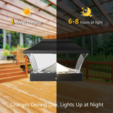 Solar Outdoor Post Cap Lights For 4x4 5x5 And 6x6 Posts, Bright Warm White LEDs, Auto On At Dusk, Slate Black, 6-8 Hour Light