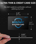 Ultra-slim RFID Blocking Card 6 Pack No Skimming Wallet Shield Anti Theft NFC Blocker, dimensions shown in inches and mm.