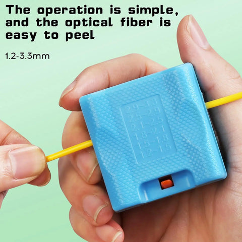Hella Tough Fiber Optic Buffer Tube Stripper For Mid Span Cable Cutting And No Sweat Optical Wire Stripping Tool With Adjustable Diameter Grooves And Sharpened Steel Blade held in hand with yellow optical fiber