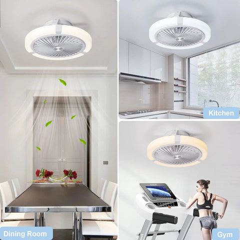 Bladeless 18Inch Flush Mount Ceiling Fan with Light Remote Control in dining room, kitchen, and gym settings.