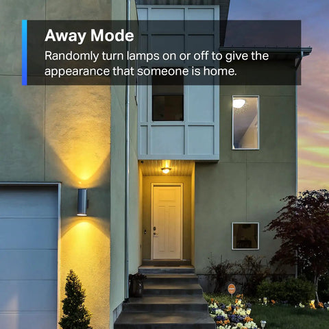 HomeKit Smart Plug Mini, 15A/1800W, exterior of home showing lighting effect, smart control with Alexa, no-fuss convenience