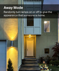 Exterior of home illustrating 'Away Mode' feature of Smart Plug Mini 4 Pack For HomeKit And Voice Control, Ultra Compact 15A 1800W, Works With Siri Alexa Google Home, 2.4G WiFi, UL Certified, White, Tapo P125.