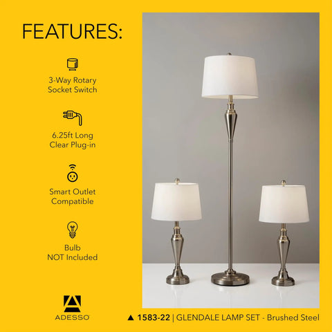 Three Piece Lamp Set With Two Table Lamps And One Floor Lamp In Antique Brass With White Shades, display of features on yellow background