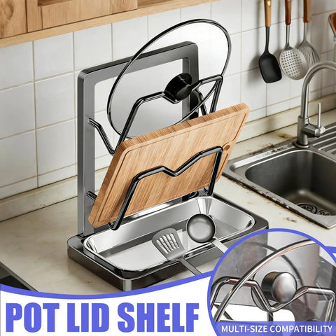 Heavy Duty 304 Stainless Steel Pot Lid Rack With Drip Tray And Spoon Rest on kitchen countertop next to sink